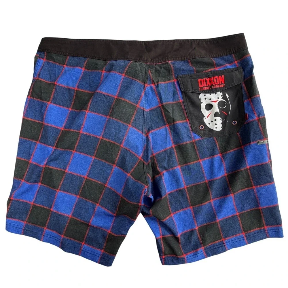 Dixxon Flannel Co Jason Friday the 13th Board Shorts Blue Black Plaid Mens 42 - Picture 2 of 7